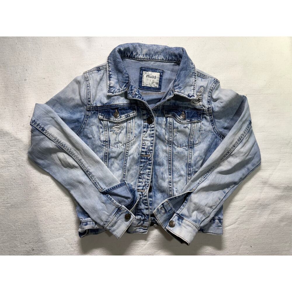 Mudd Light Wash Distressed Denim Jacket (Size Large)